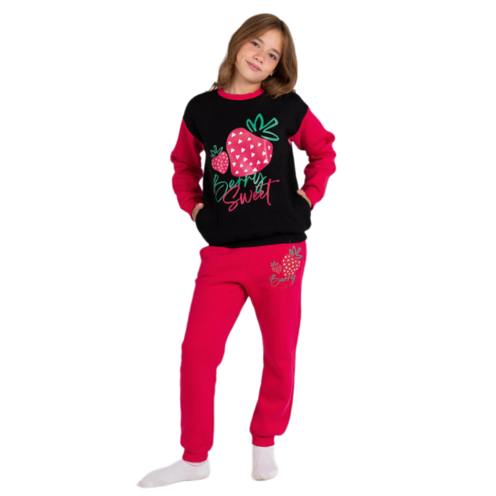 Girls Cotton Pajama Set – Black/Fuchsia with "Berry Sweet" Design - Clothing - Ourkids