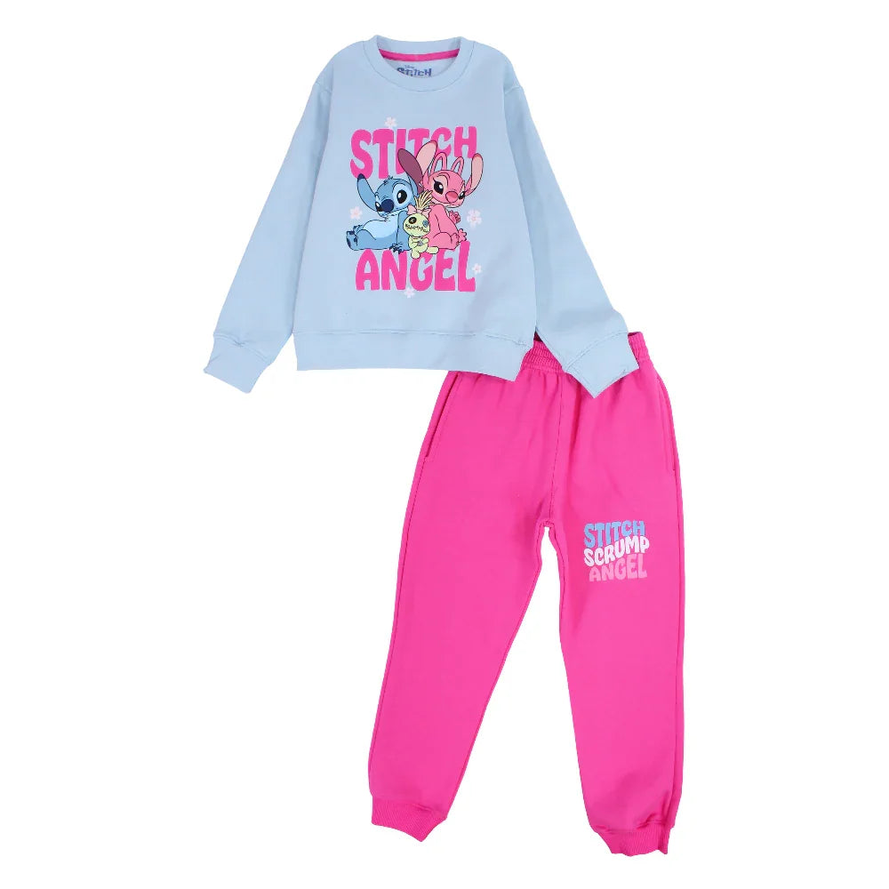 Girls Cotton Pajama Set – Baby Blue & Fuchsia with Stitch Print
