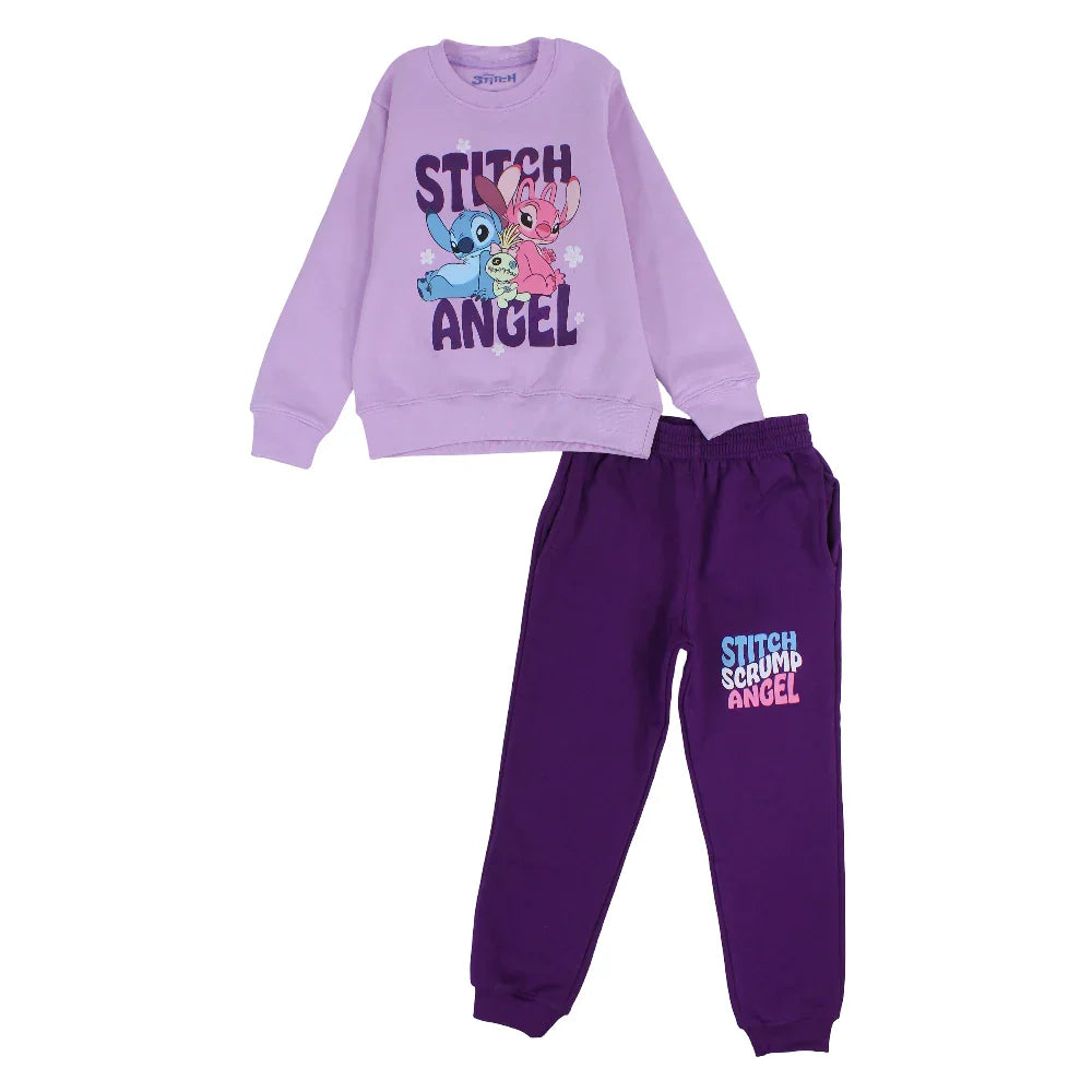 Girls Cotton Pajama Set – Purple with Stitch Print