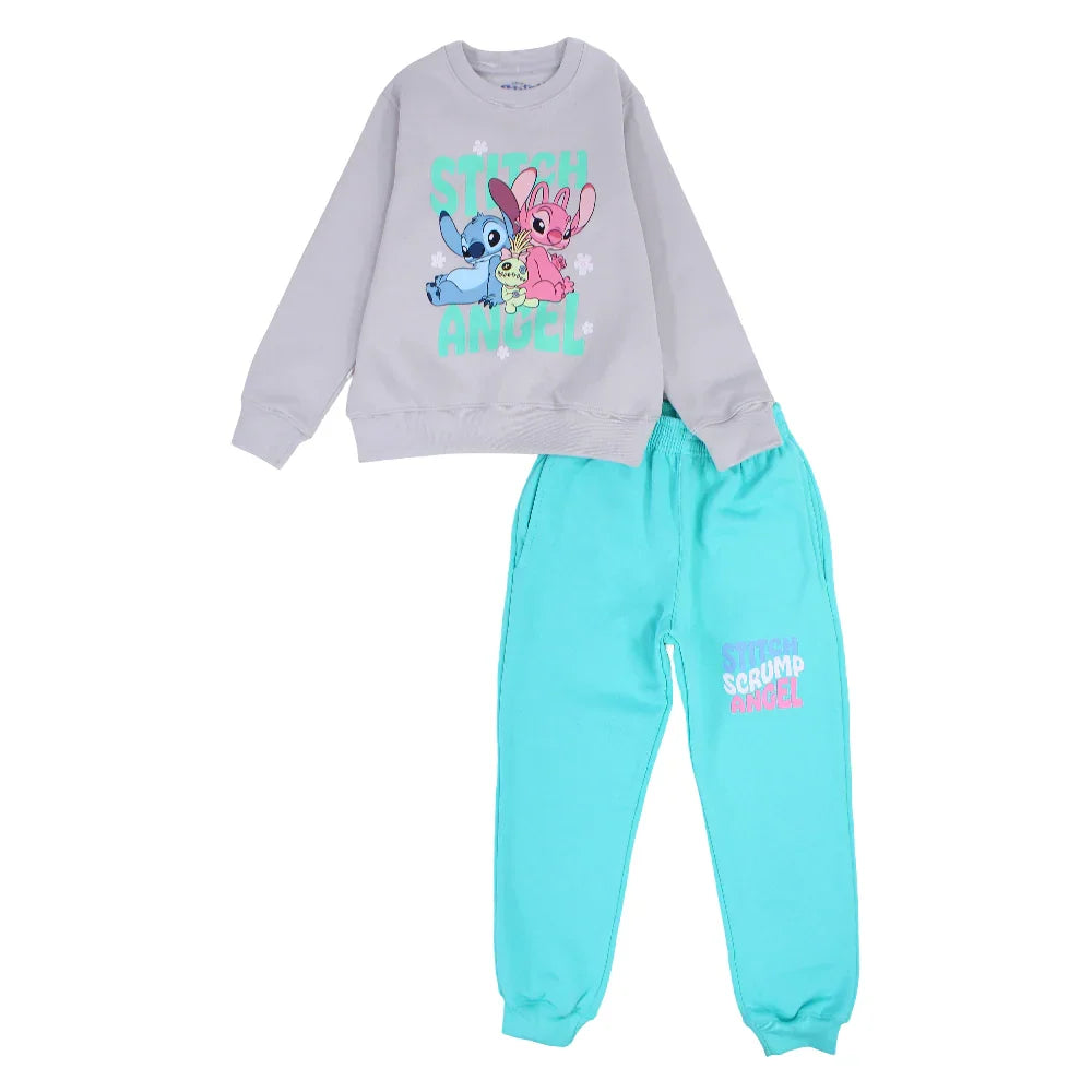 Girls Cotton Pajama Set – Grey & Aqua with Stitch Print