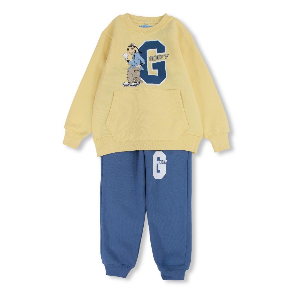Boys Cotton Pajama Set – Yellow & Indigo with “Goofy“ Design