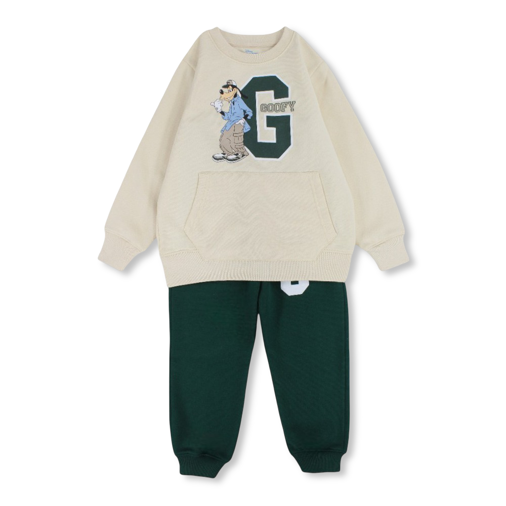 Boys Cotton Pajama Set – Beige & Green with “Goofy“ Design