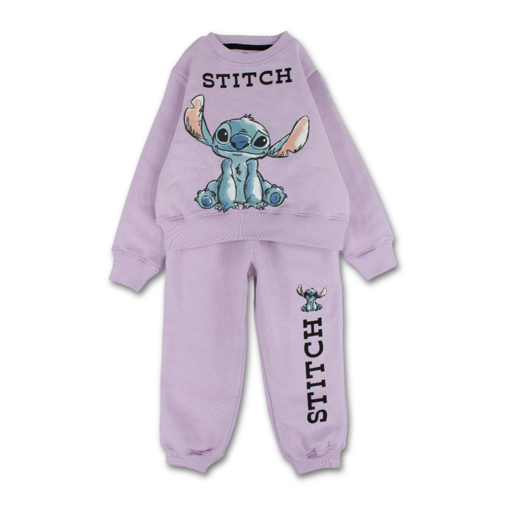 Girls Cotton Pajama Set – Light Purple with Stitch Design