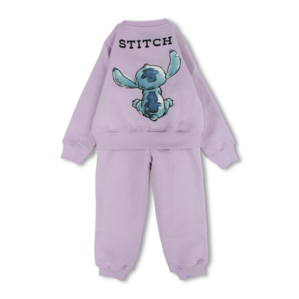 Girls Cotton Pajama Set – Light Purple with Stitch Design