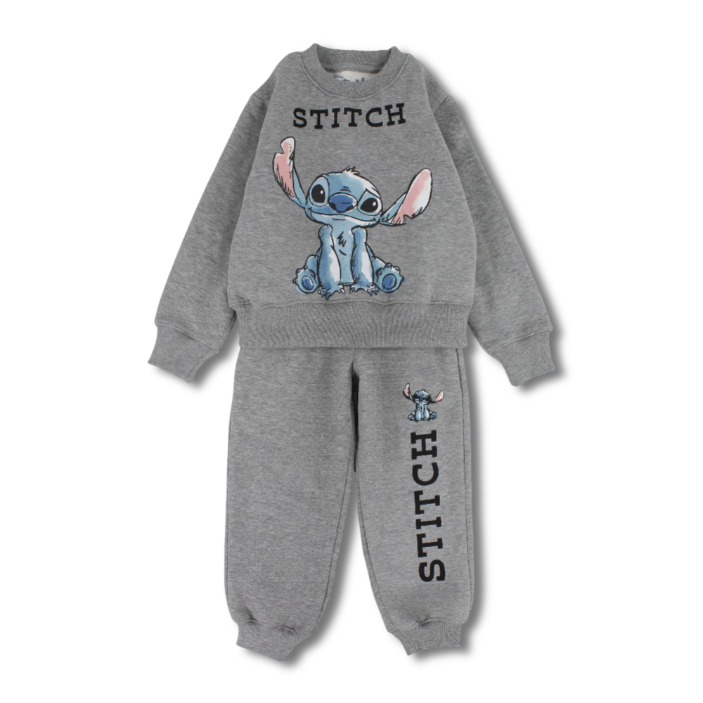 Girls Cotton Pajama Set – Grey with Stitch Design