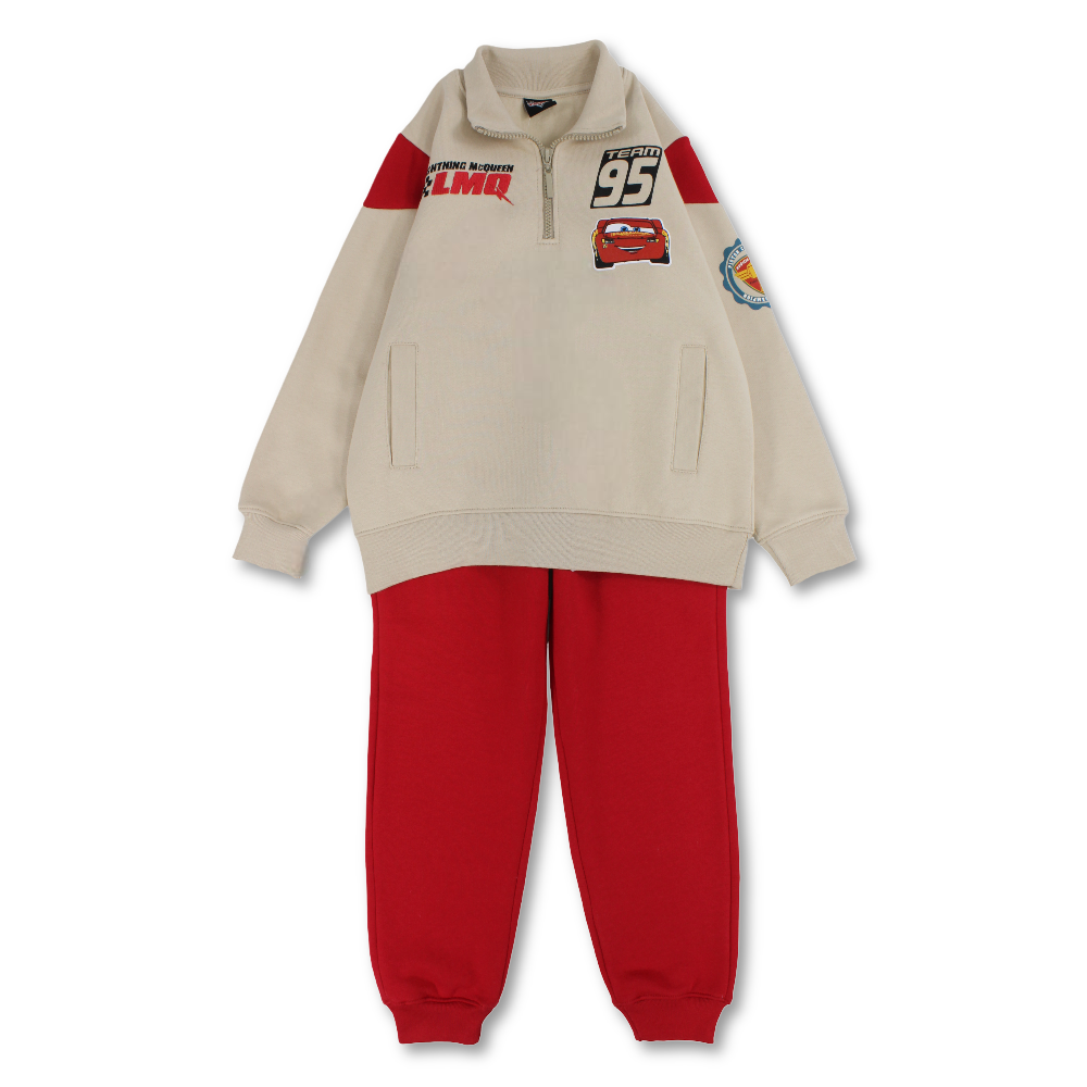 Boys Cotton Pajama Set – Beige & Red with Cars “Team 95” Print