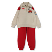 Boys Cotton Pajama Set – Beige & Red with Cars “Team 95” Print