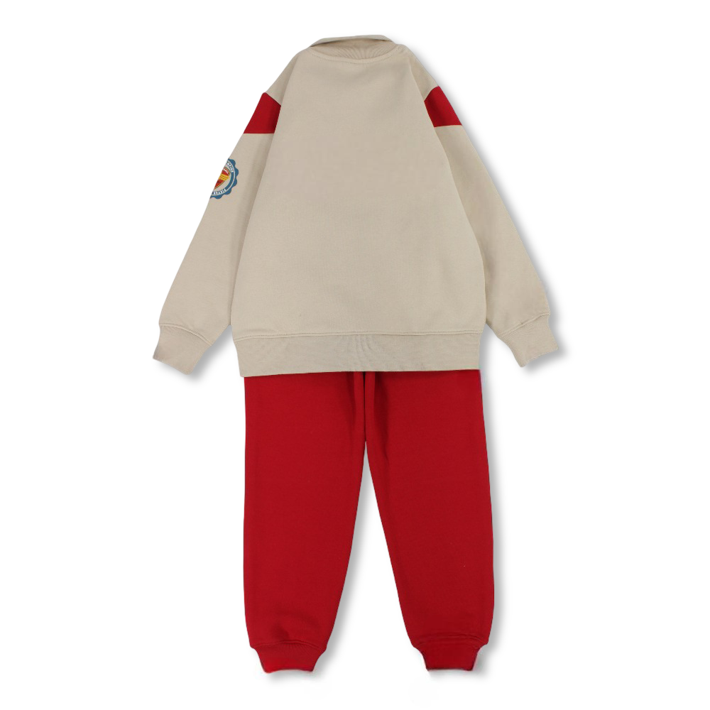 Boys Cotton Pajama Set – Beige & Red with Cars “Team 95” Print