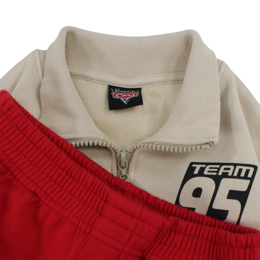 Boys Cotton Pajama Set – Beige & Red with Cars “Team 95” Print