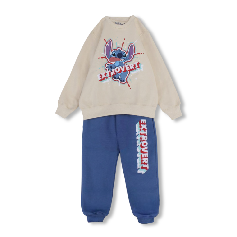 Unisex Cotton Pajama Set – Beige/Blue with Stitch Print
