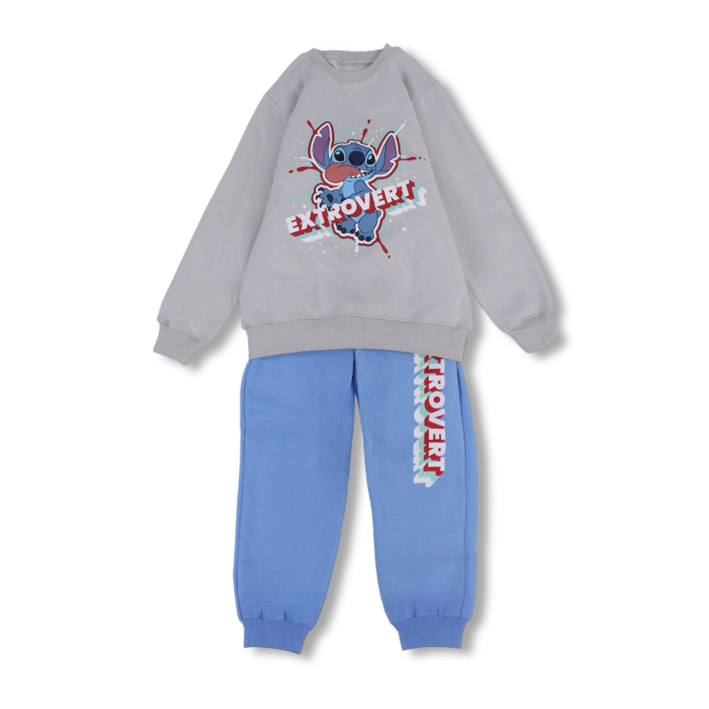 Unisex Cotton Pajama Set – Grey/Baby Blue with Stitch Print