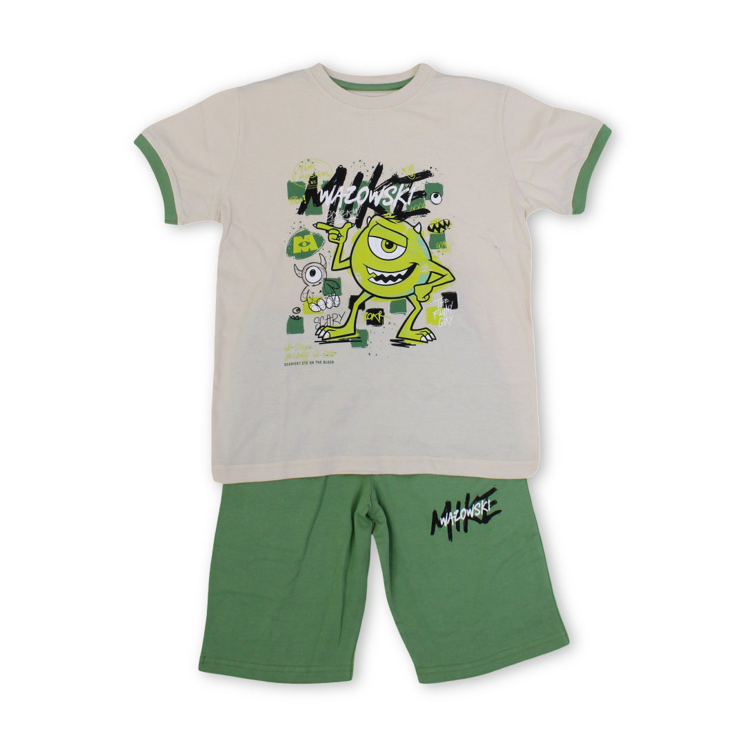 Boys Cotton Pajama – Beige & Olive with Monsters Print