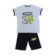 Boys Cotton Pajama – Baby Blue & Navy with Monsters Print