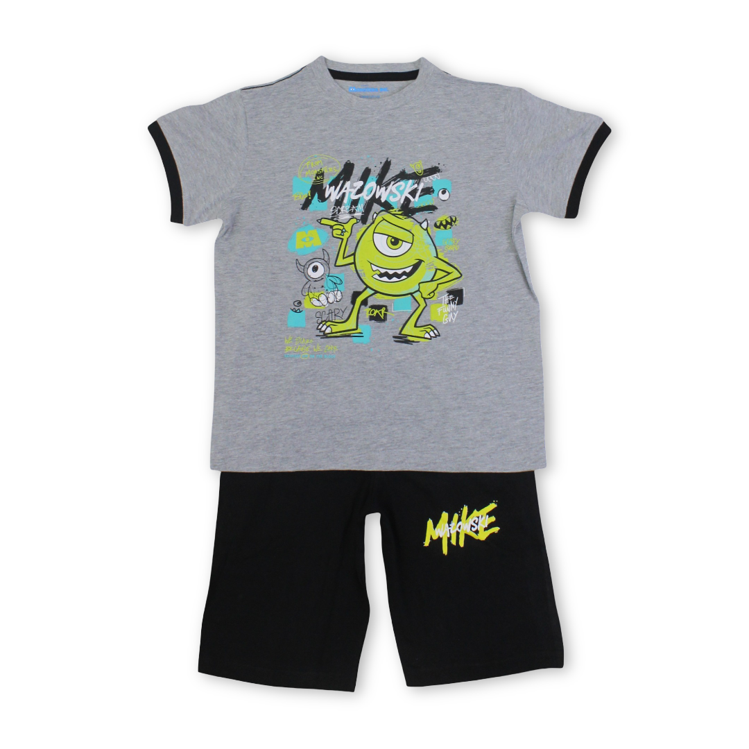 Boys Cotton Pajama – Grey & Black with Monsters Print