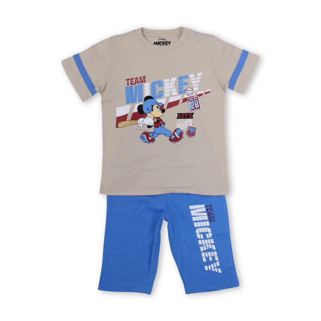 Boys Cotton Pajama – Beige & Blue with Mickey Mouse Print
