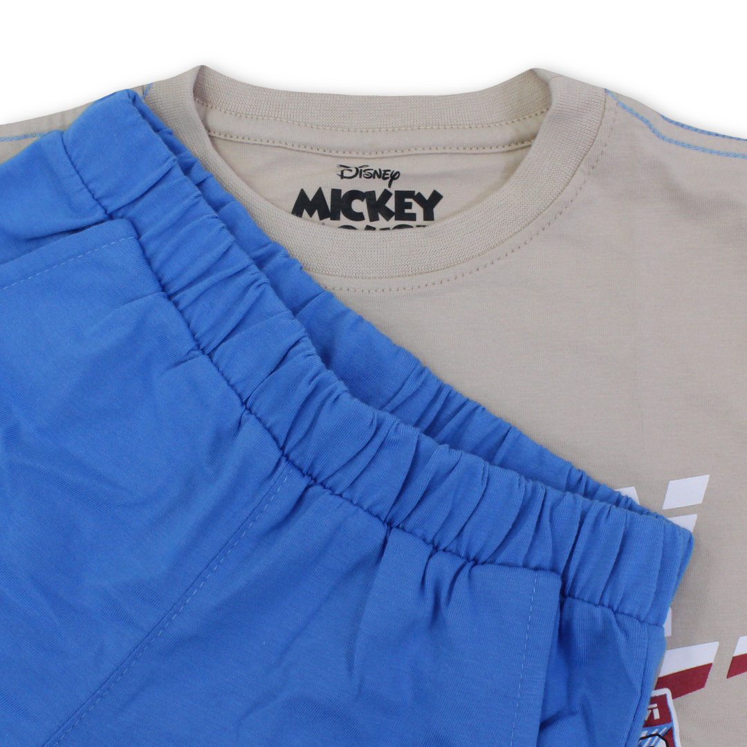 Boys Cotton Pajama – Beige & Blue with Mickey Mouse Print