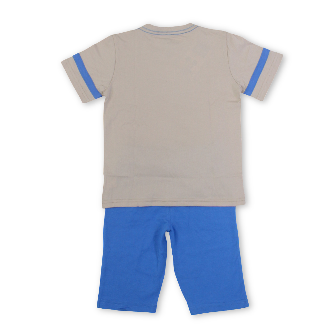 Boys Cotton Pajama – Beige & Blue with Mickey Mouse Print
