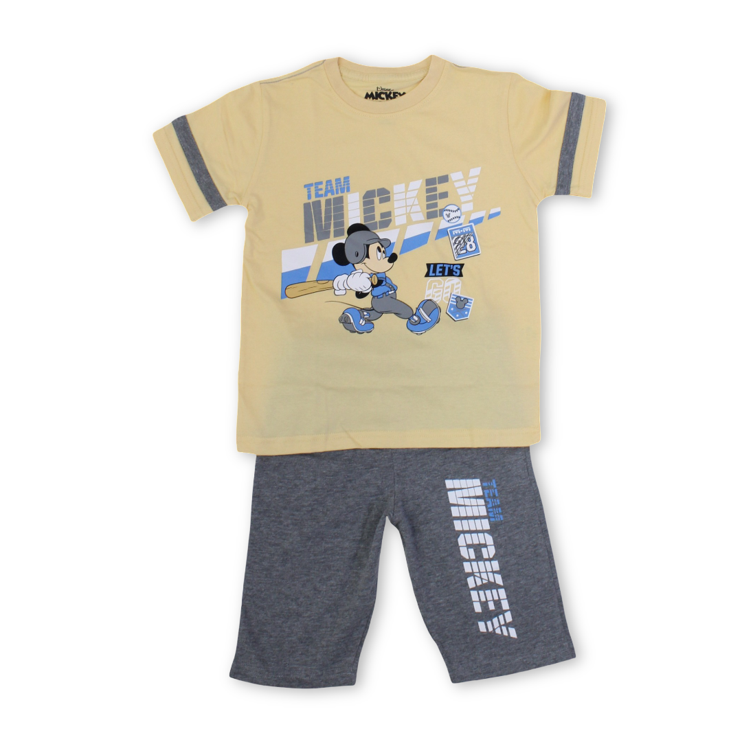 Boys Cotton Pajama – Yellow & Grey with Mickey Mouse Print
