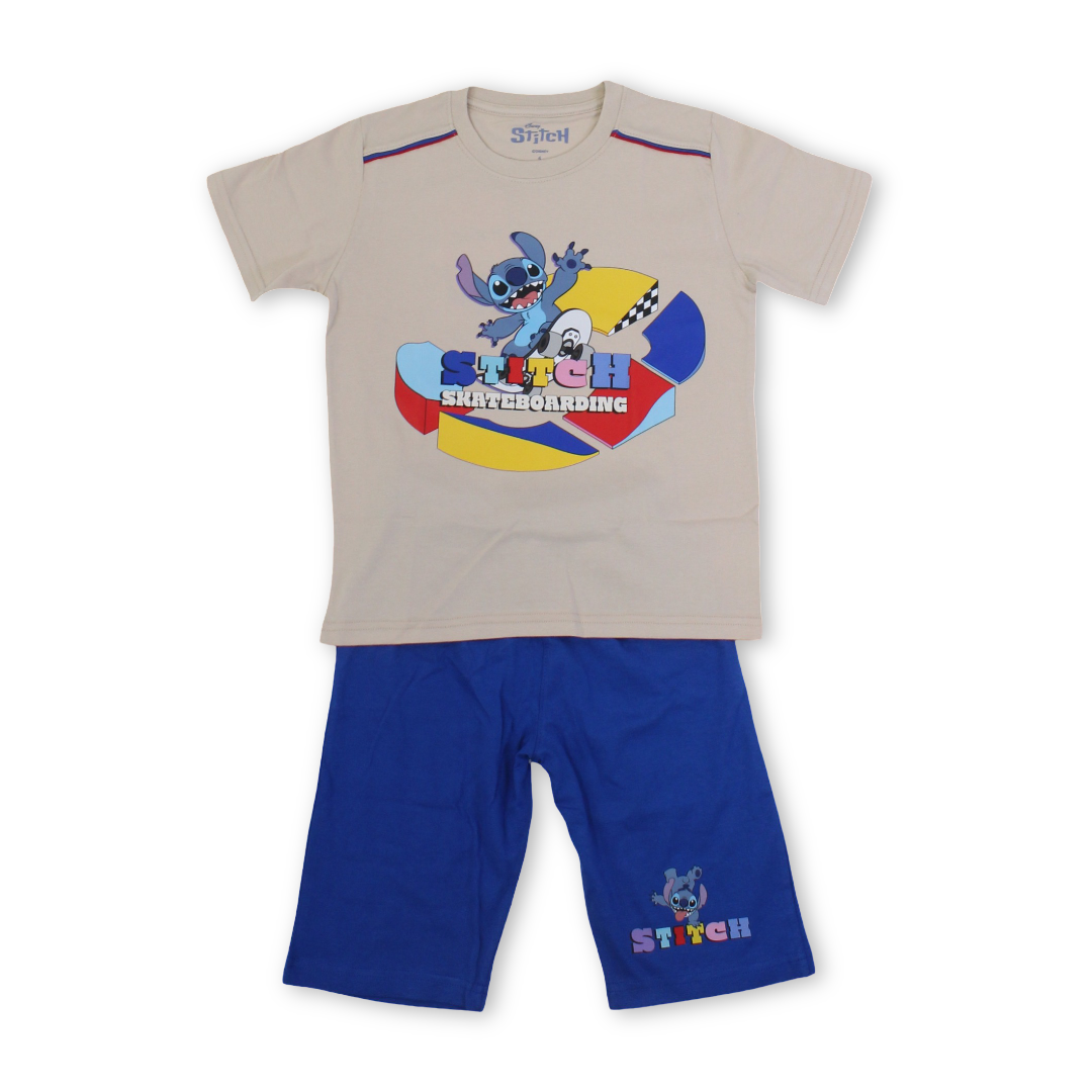 Boys Cotton Pajama – Beige & Blue with Stitch Print
