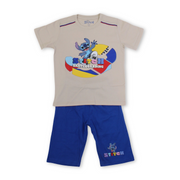 Boys Cotton Pajama – Beige & Blue with Stitch Print