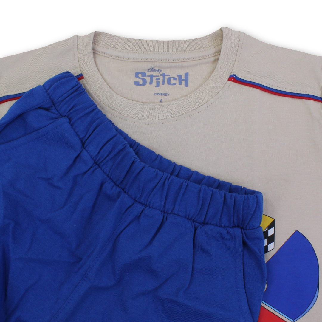 Boys Cotton Pajama – Beige & Blue with Stitch Print