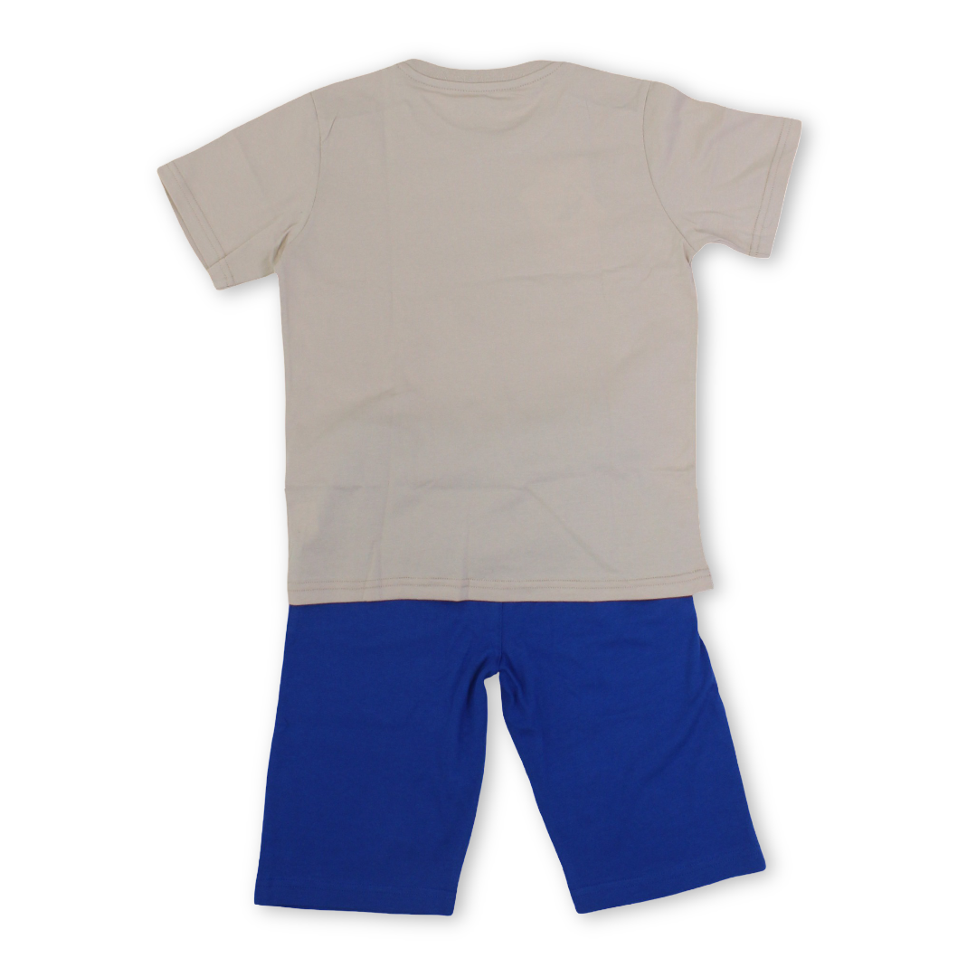 Boys Cotton Pajama – Beige & Blue with Stitch Print