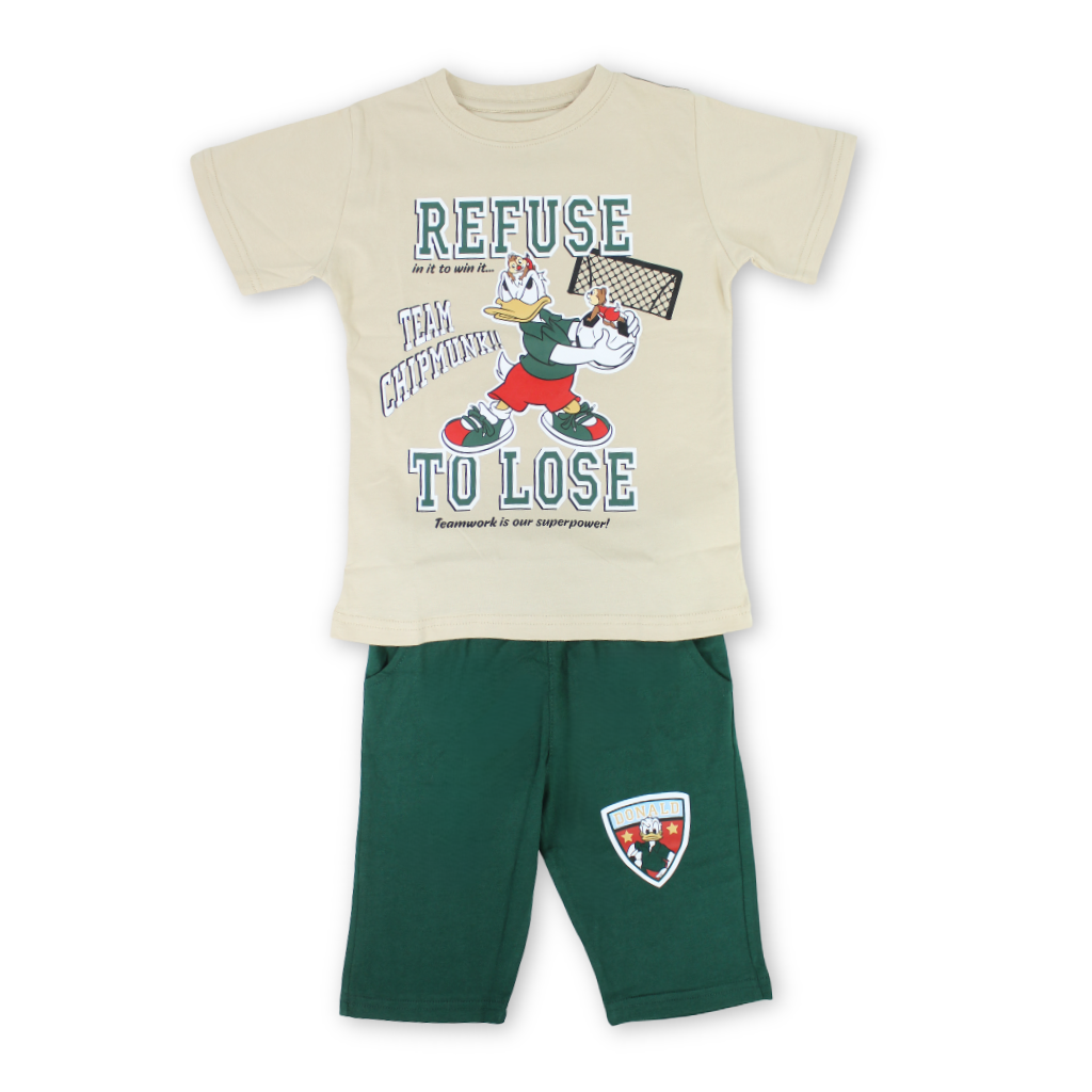 Boys Cotton Pajama – Beige & Olive with Donald Duck Print