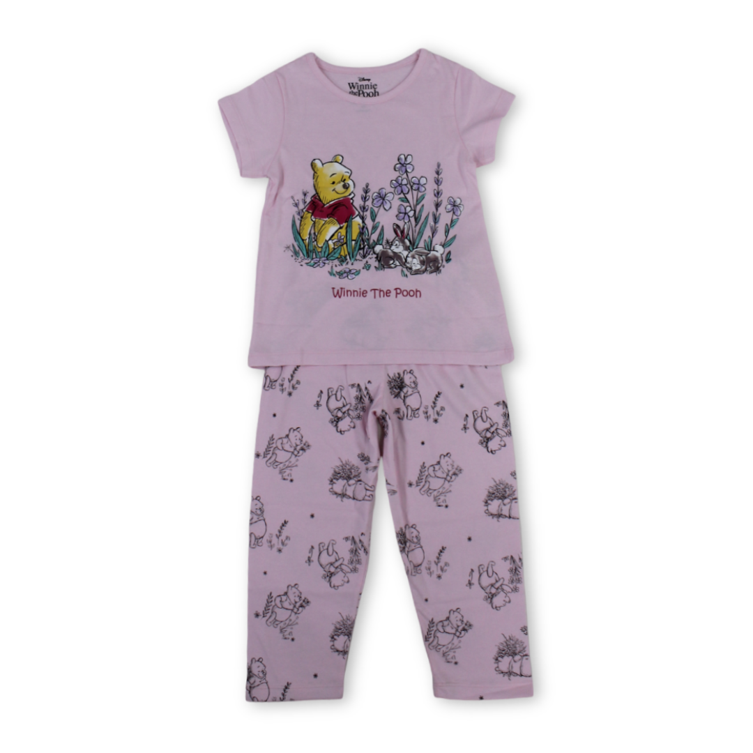 Girls Cotton Pajama – Pink with Pooh Print