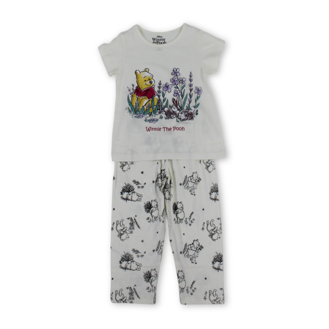 Girls Cotton Pajama – Off-White with Pooh Print