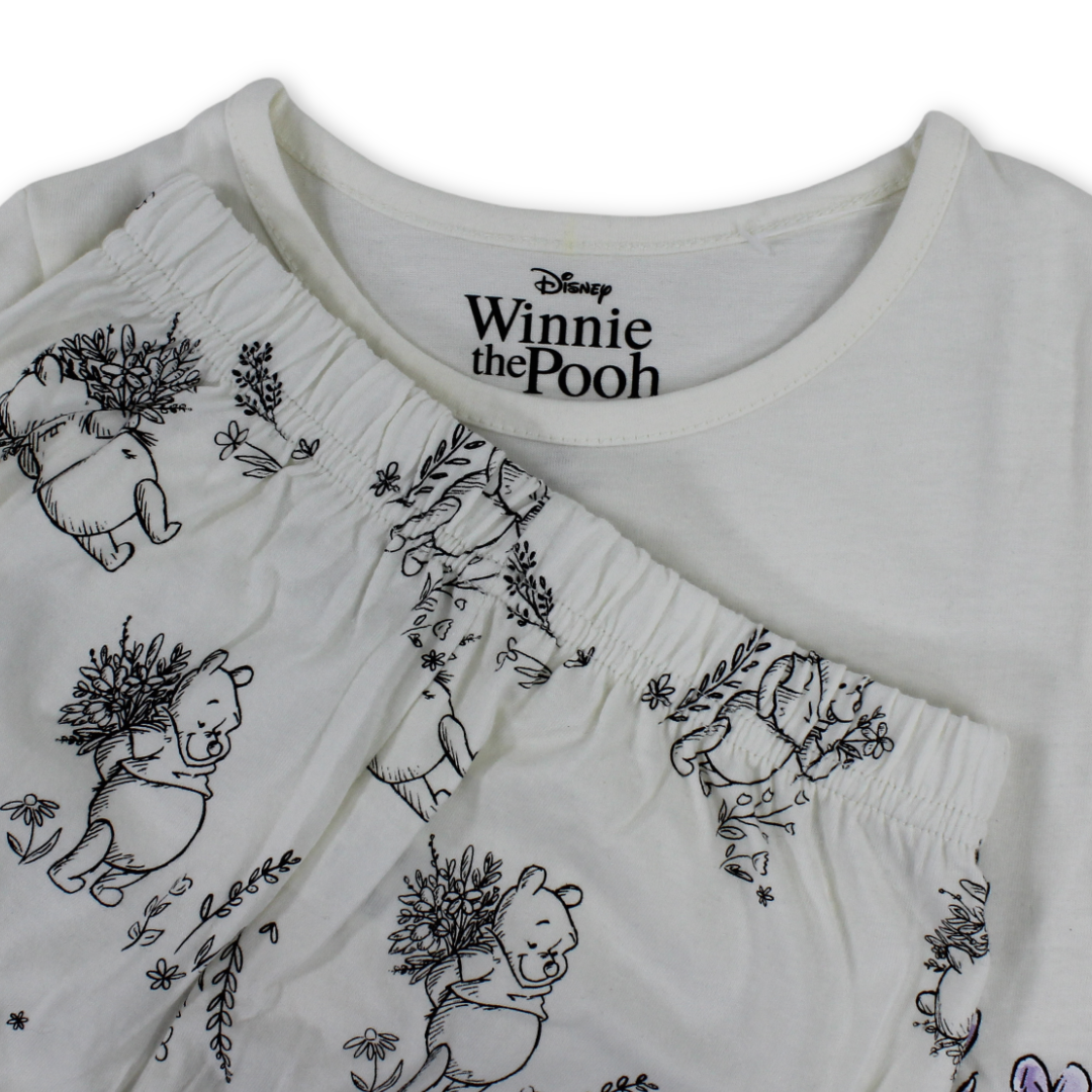 Girls Cotton Pajama – Off-White with Pooh Print