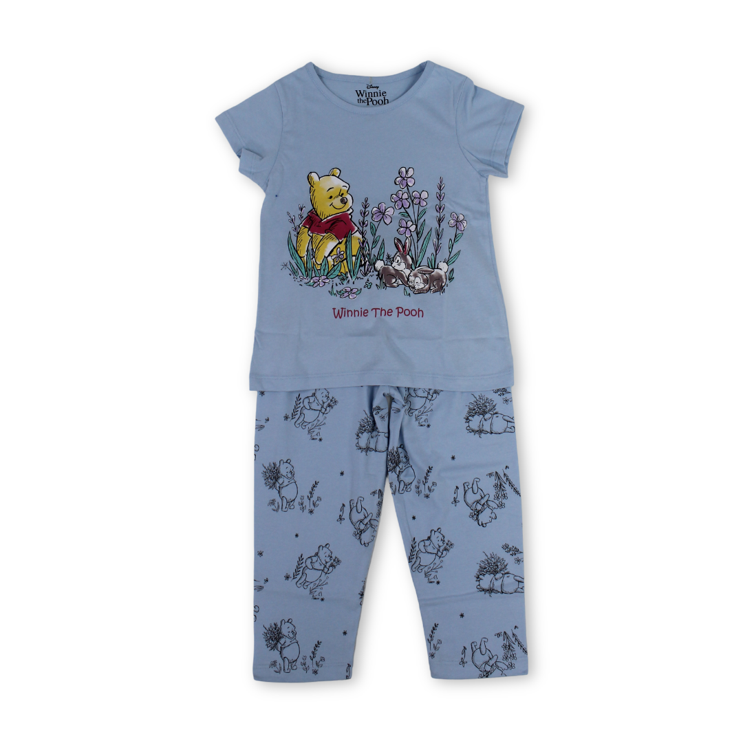 Girls Cotton Pajama – Baby Blue with Pooh Print