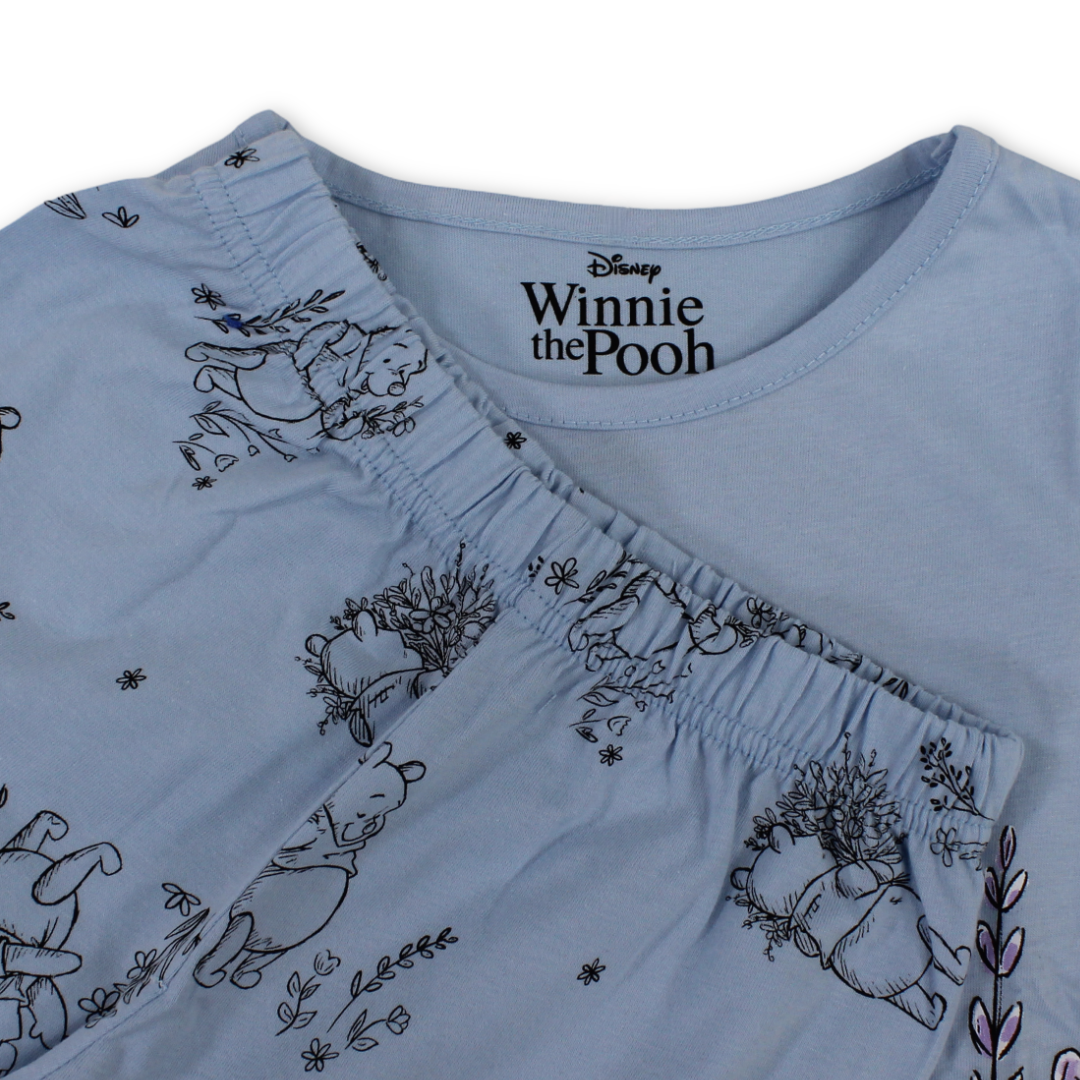Girls Cotton Pajama – Baby Blue with Pooh Print
