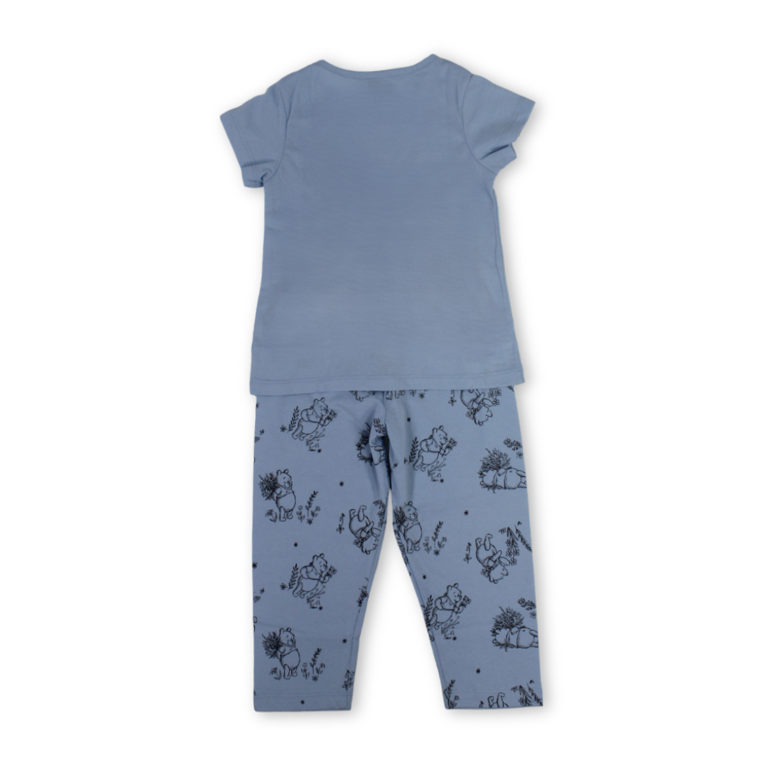 Girls Cotton Pajama – Baby Blue with Pooh Print