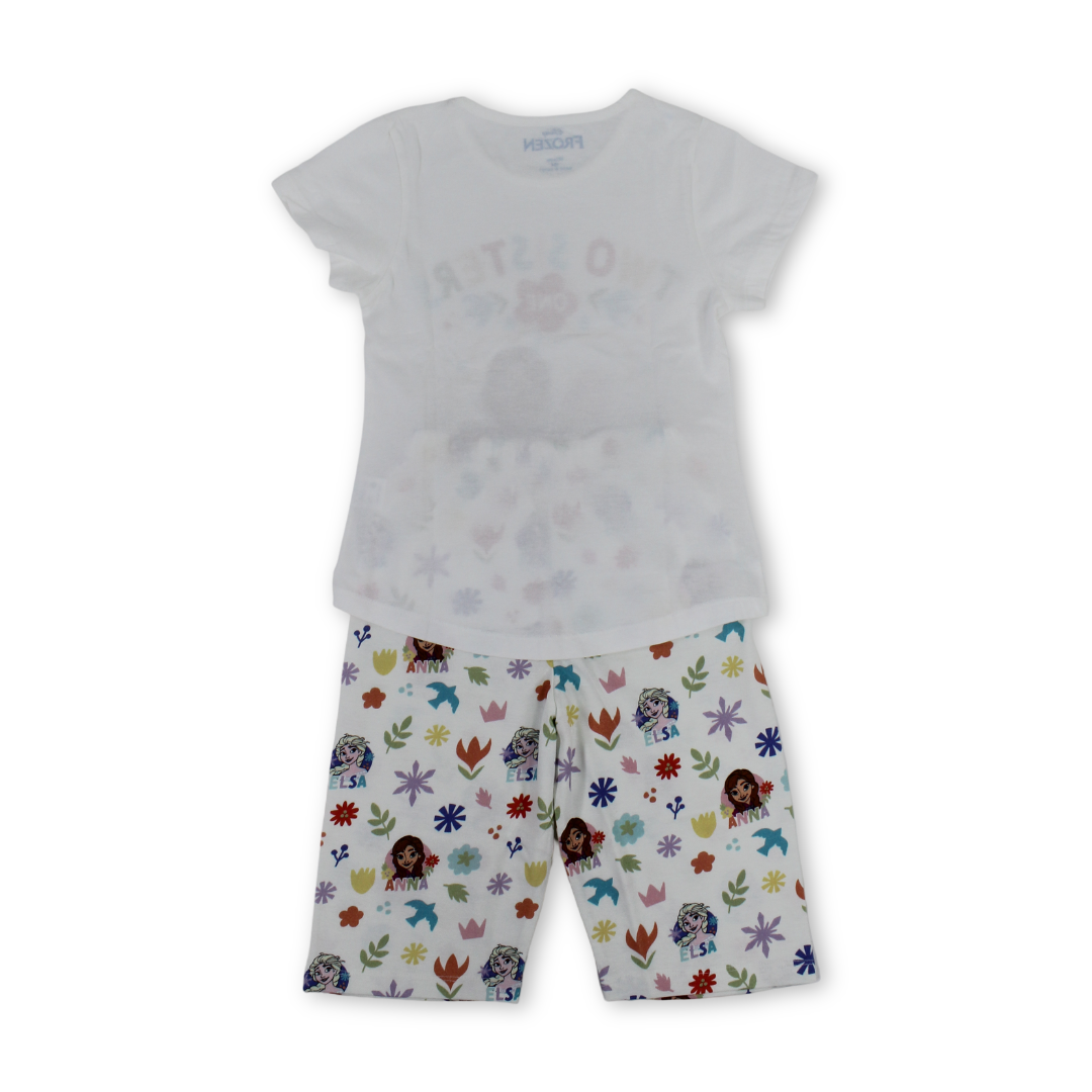 Girls Cotton Pajama – White with Frozen Print