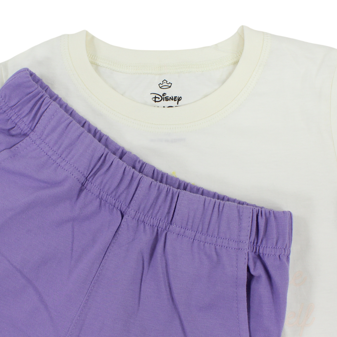 Girls Cotton Pajama – Off-White & Purple with Tiana Print