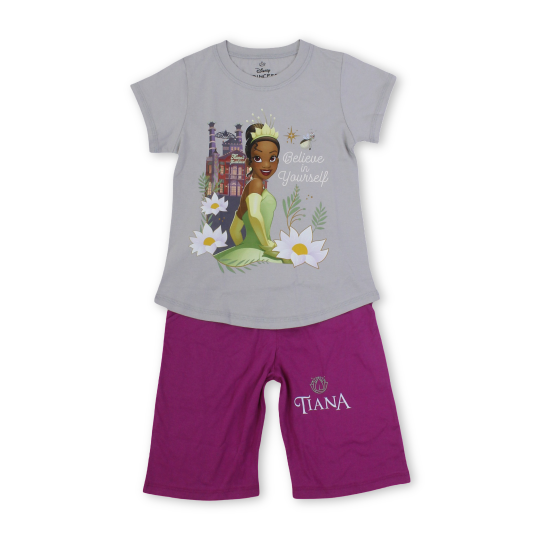 Girls Cotton Pajama – Grey & Purple with Tiana Print - Clothing - Morenella