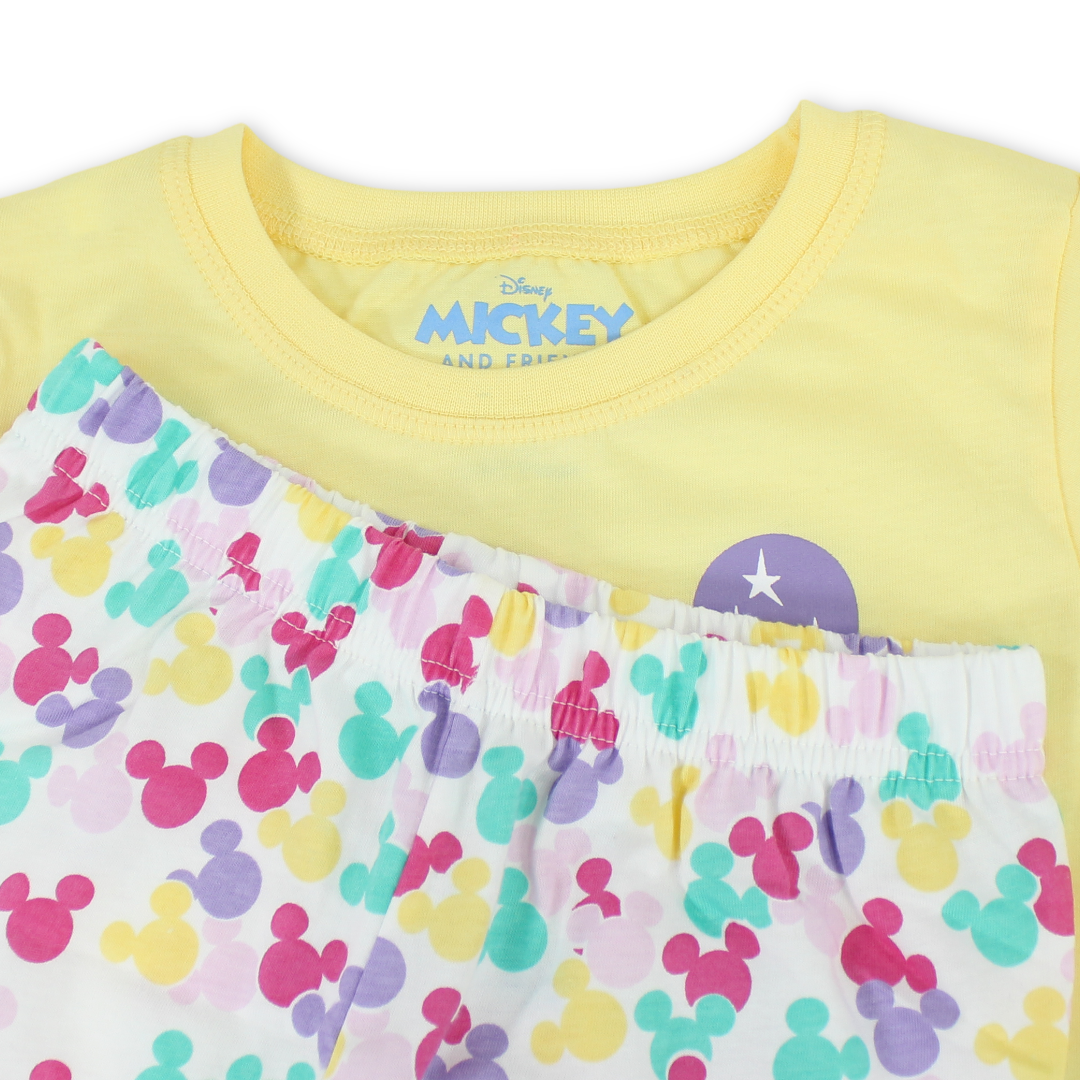 Girls Cotton Pajama – Yellow with Mickey & Minnie Mouse Print