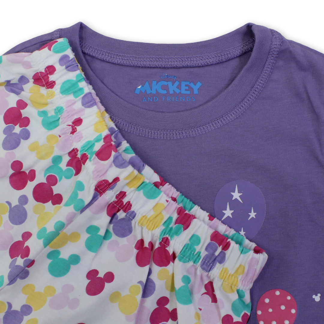 Girls Cotton Pajama – Purple with Mickey & Minnie Mouse Print