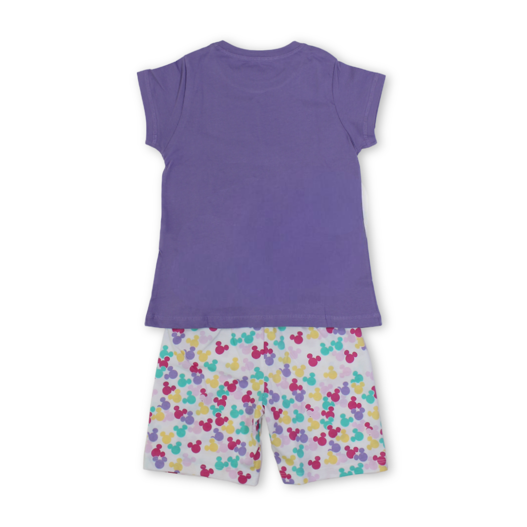 Girls Cotton Pajama – Purple with Mickey & Minnie Mouse Print