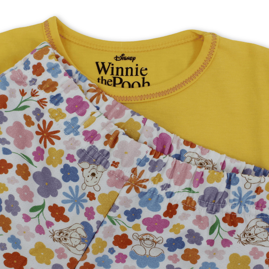 Girls Cotton Pajama – Yellow with Pooh Print