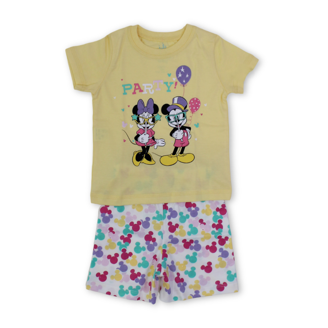 Baby Girls Cotton Pajama – Yellow with Mickey & Minnie Mouse Print