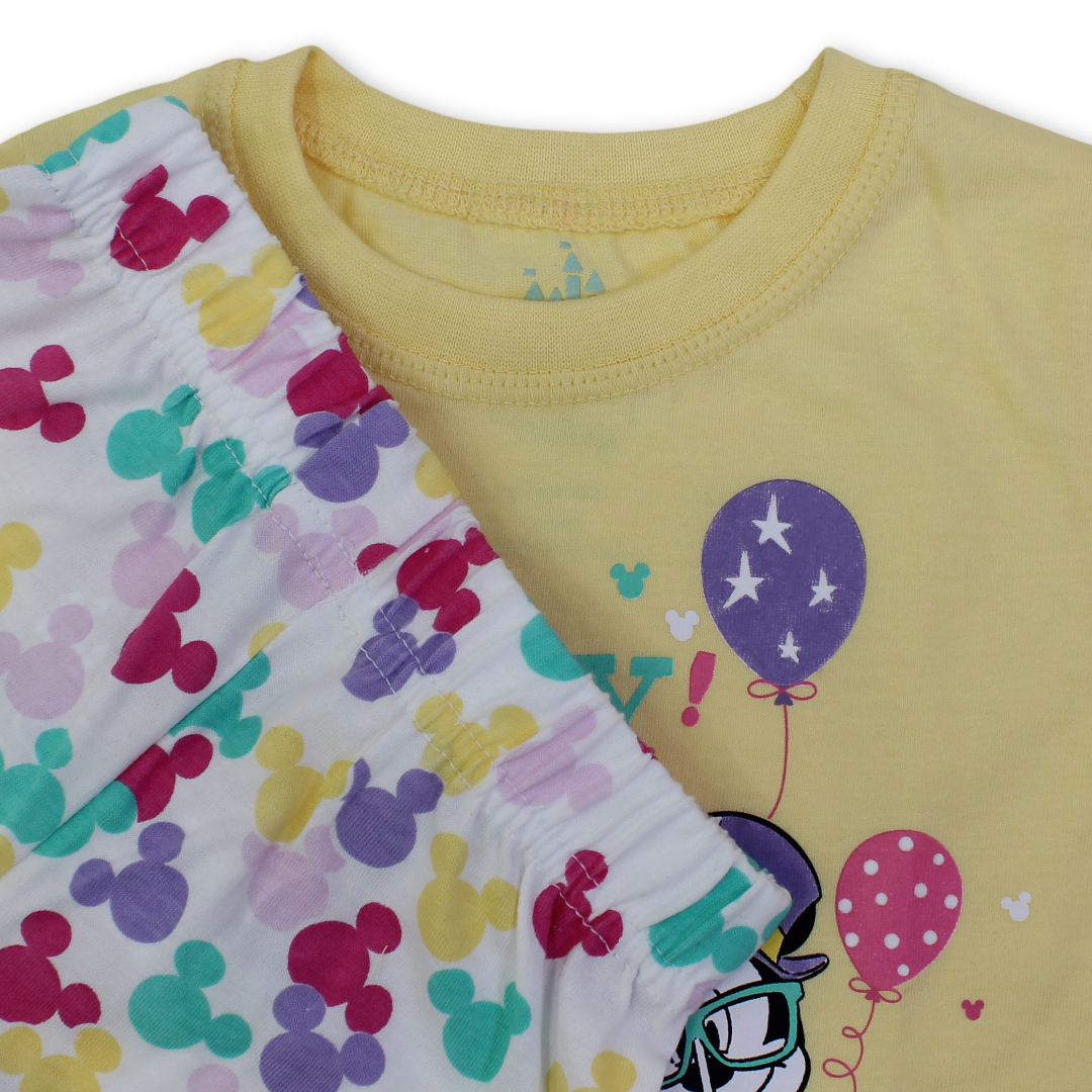 Baby Girls Cotton Pajama – Yellow with Mickey & Minnie Mouse Print