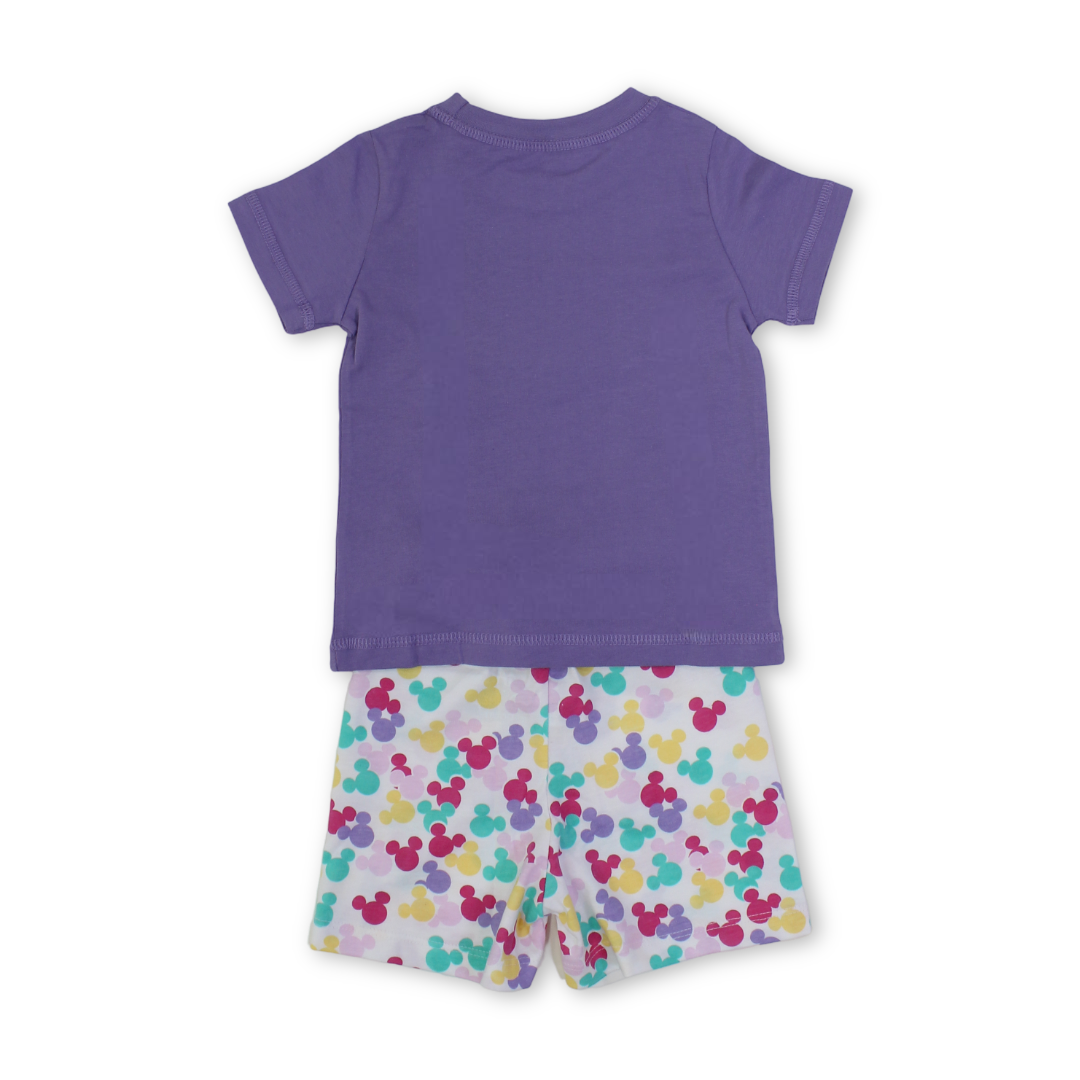 Baby Girls Cotton Pajama – Purple with Mickey & Minnie Mouse Print
