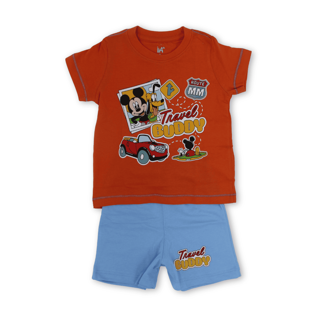 Baby Boys Cotton Pajama – Orange with Mickey Mouse Print