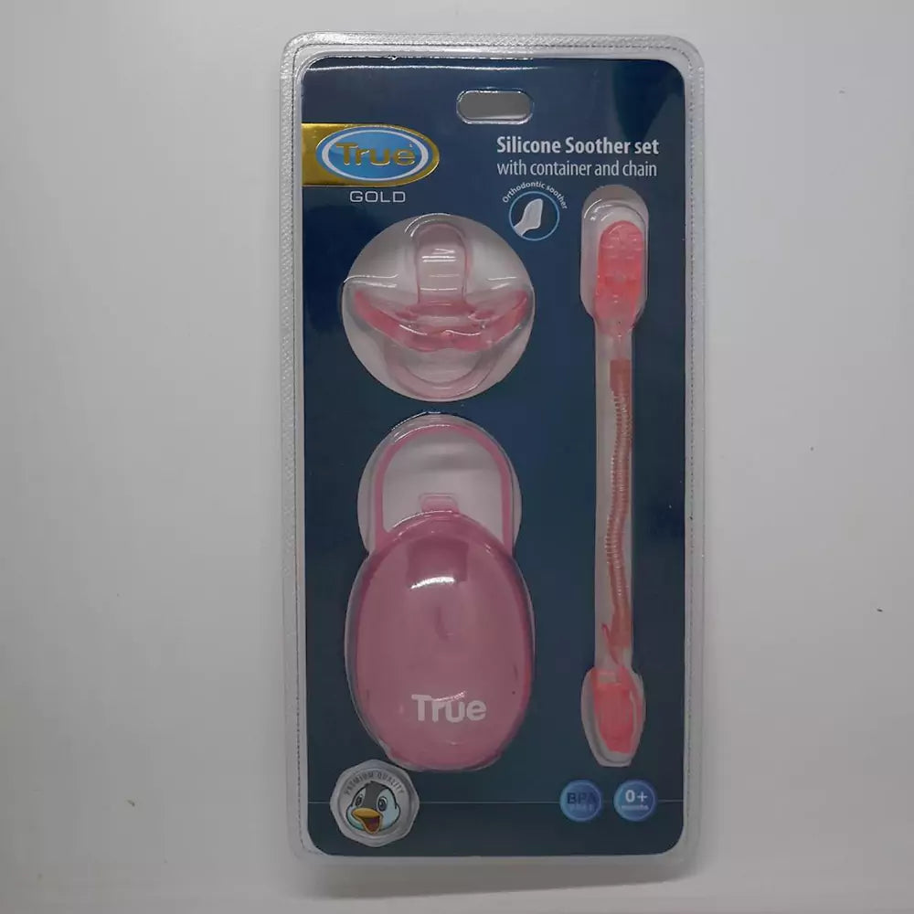 True Gold Silicone Pacifier Set – Pink (Silicone Soother, Chain & Case)