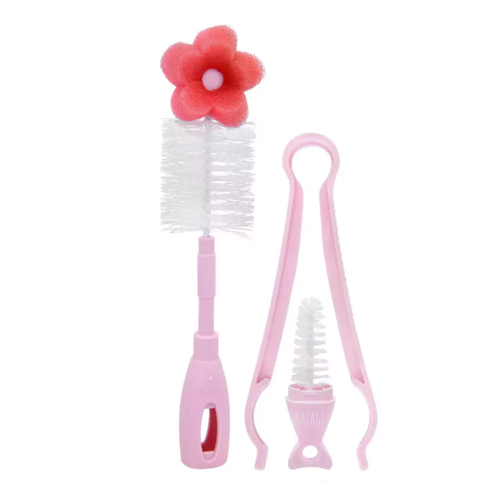 Safari Baby Bottle & Nipple Cleaning Brush Set with Tongs - Pink