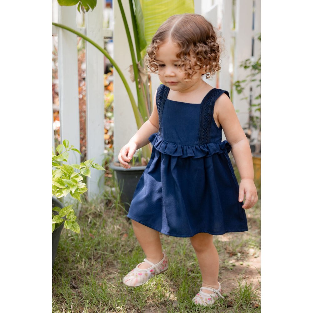 Baby Girls Linen 2-Piece Hidden Gem (Dress + Under Shorts) – Navy - Clothing - CrocoDodo