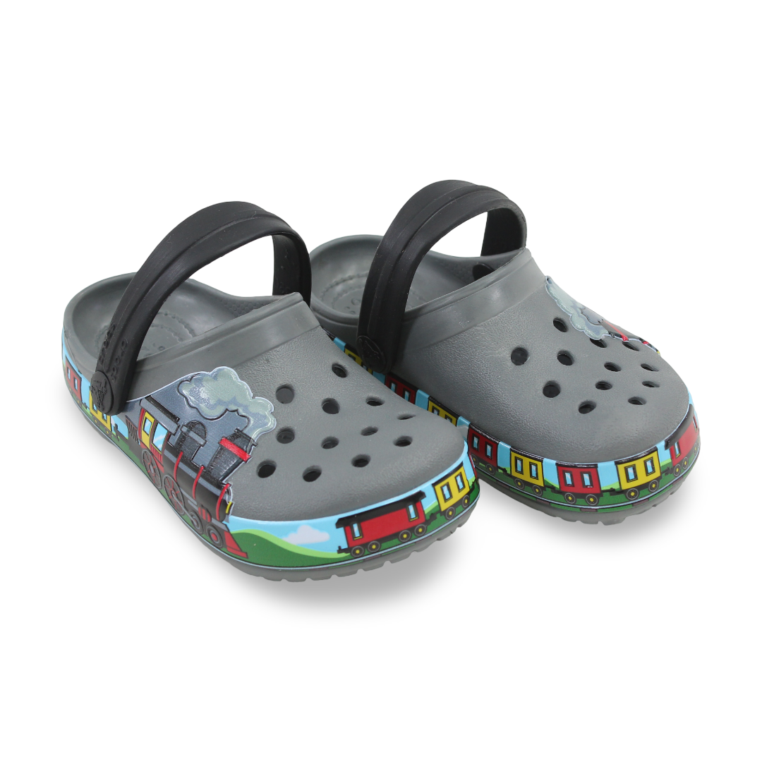 Boys Rubber Crocs – Grey with Train Design - Clothing