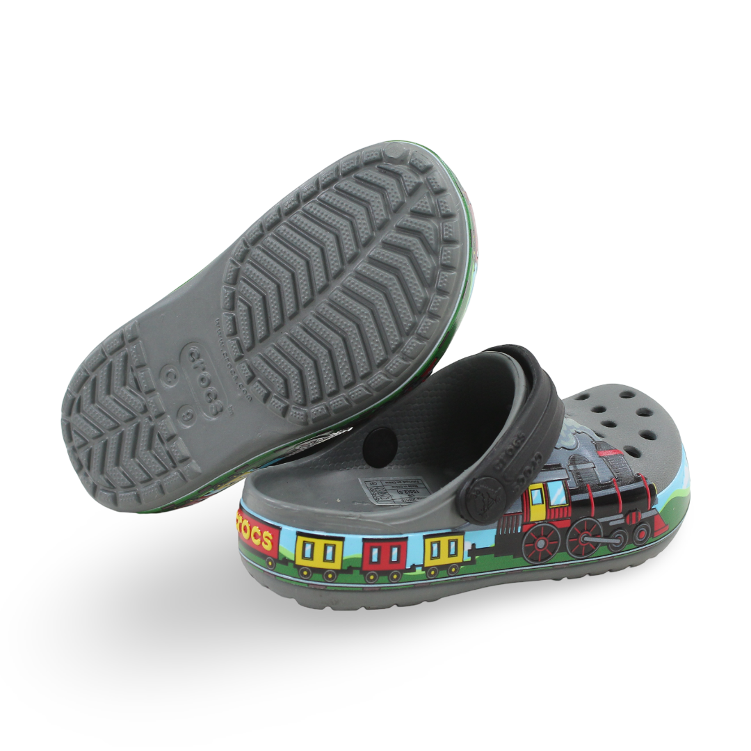 Boys Rubber Crocs – Grey with Train Design