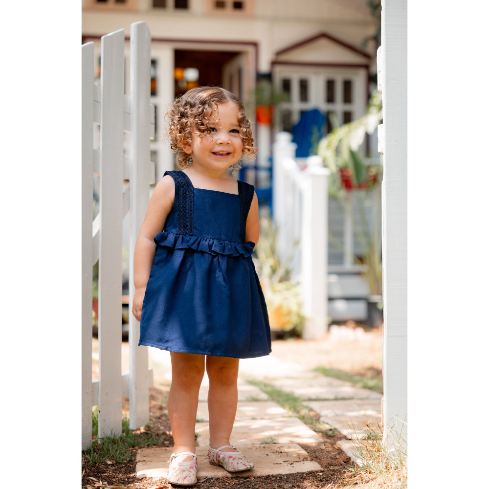 Baby Girls Linen 2-Piece Hidden Gem (Dress + Under Shorts) – Navy